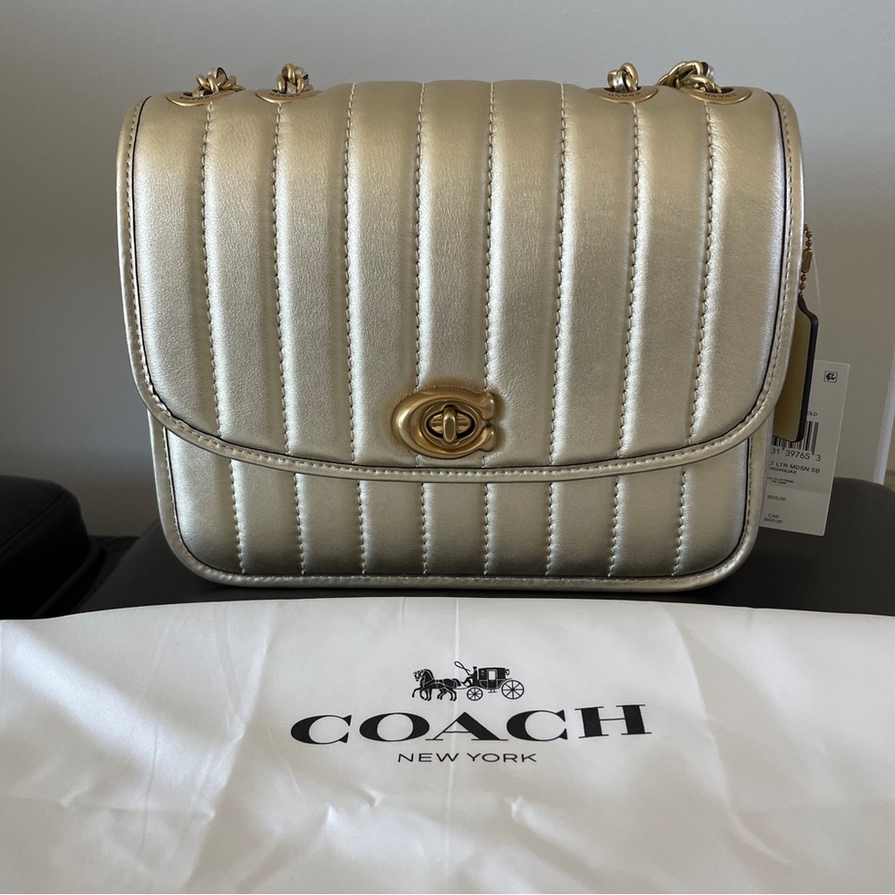 NWT Coach Soft Gold Metallic Quilted Madison Turnlock Shoulder Bag